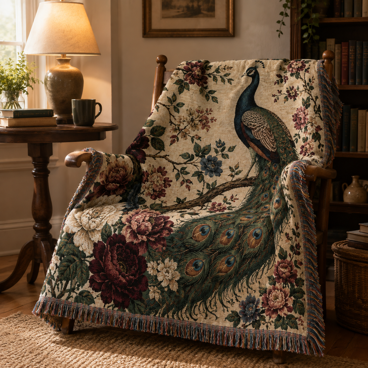 Peacock garden woven blanket draped over a wooden reading chair beside books and a lamp