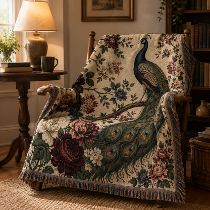 Peacock garden woven blanket draped over a wooden reading chair beside books and a lamp
