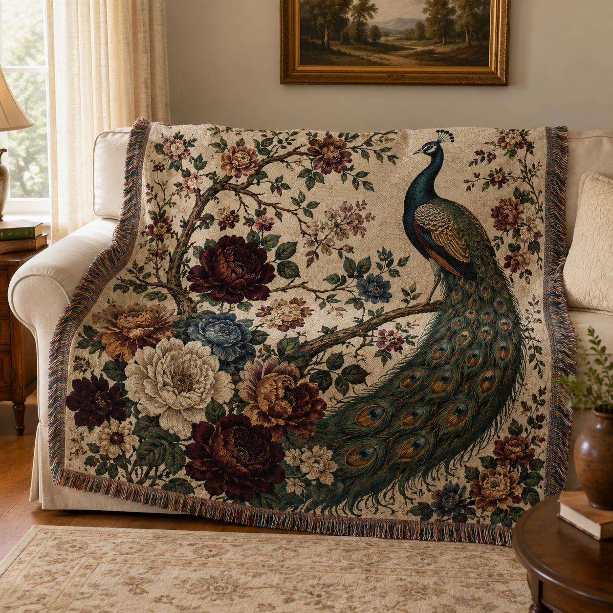 Peacock garden woven blanket draped over a cream sofa in a warm traditional living room