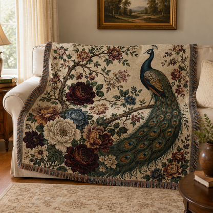 Peacock garden woven blanket draped over a cream sofa in a warm traditional living room