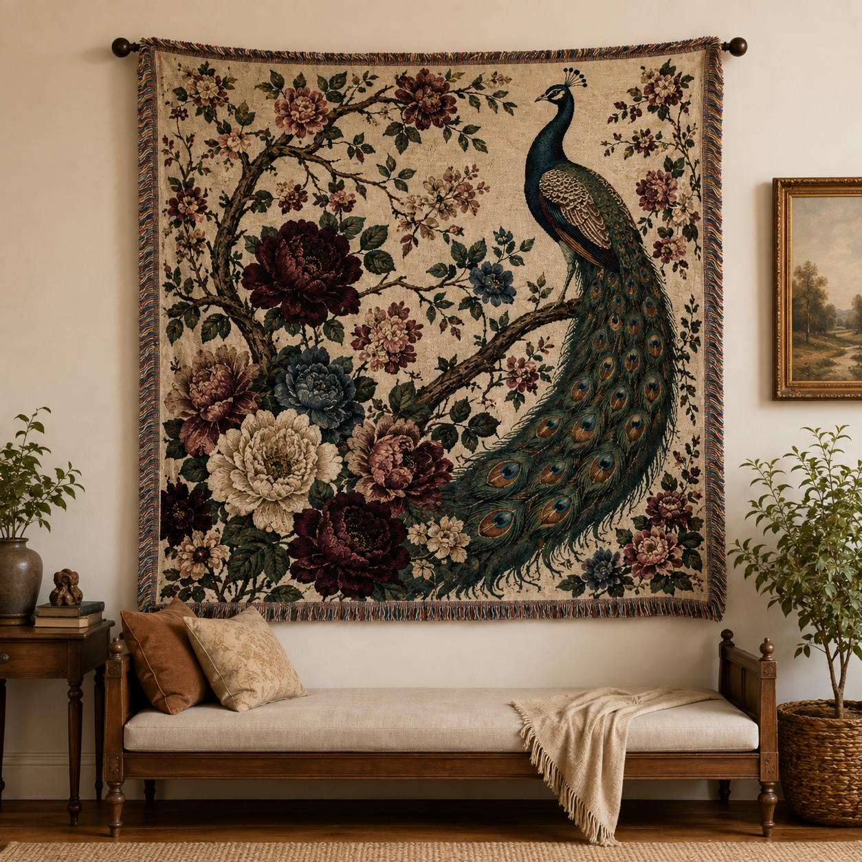 Peacock garden woven blanket displayed as textile wall art above a vintage bench