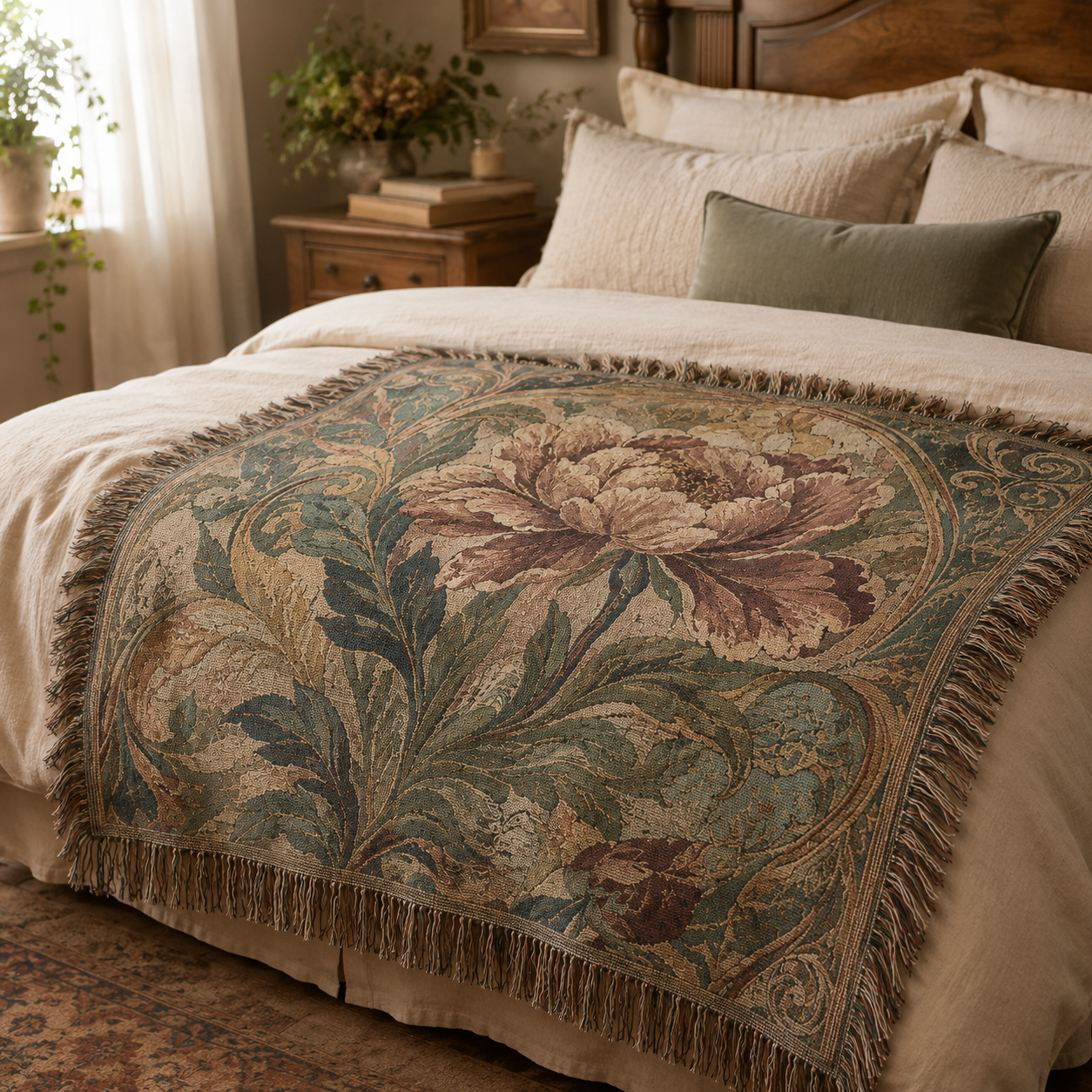 Vintage peony floral woven blanket displayed across a warm neutral bed