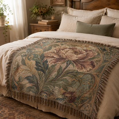Vintage peony floral woven blanket displayed across a warm neutral bed