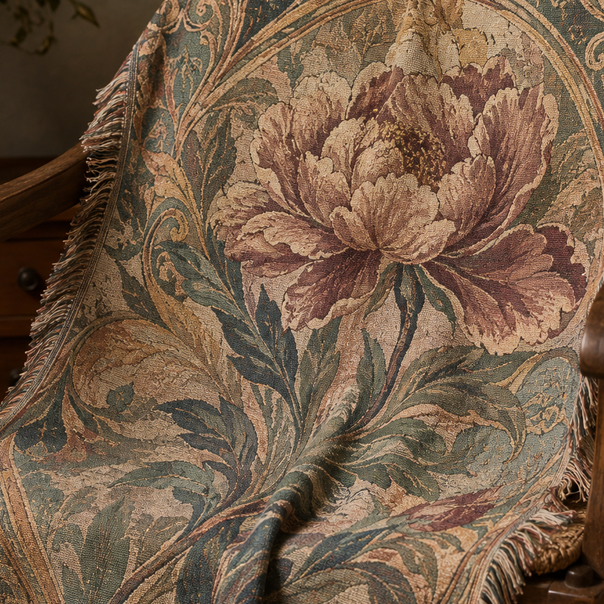 Close-up of vintage peony floral woven blanket showing tapestry texture and botanical details