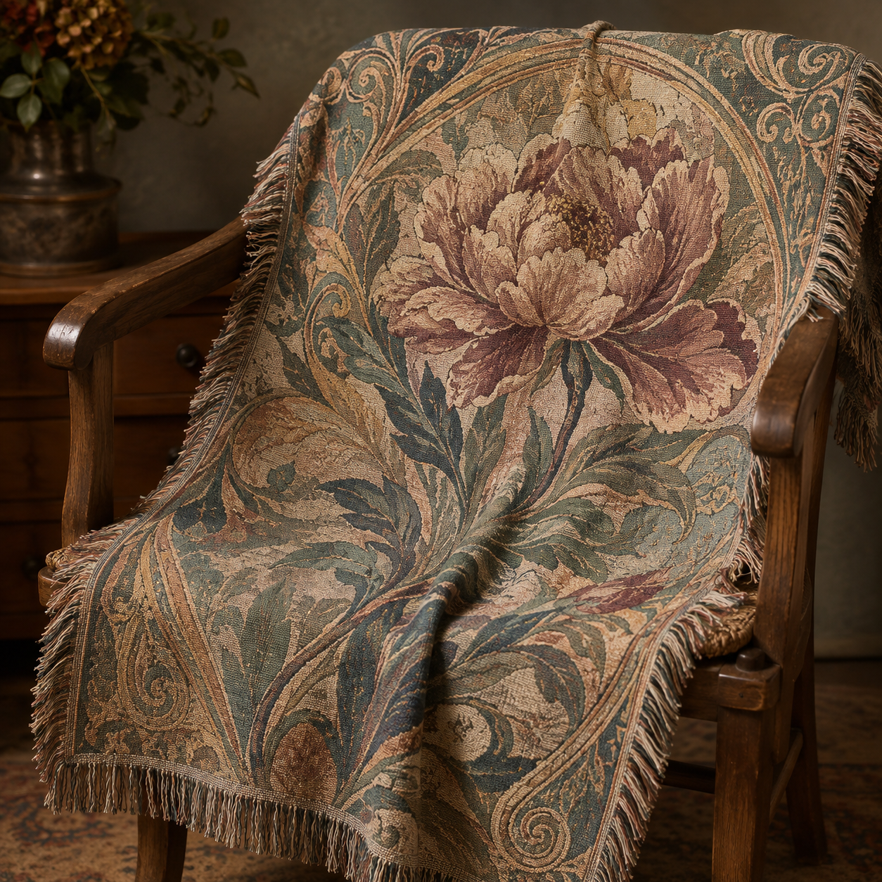 Vintage peony floral woven blanket with Art Nouveau botanical border on a wooden chair