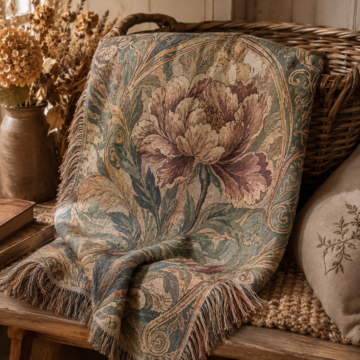 Vintage peony floral woven blanket draped over a rustic bench beside a wicker basket