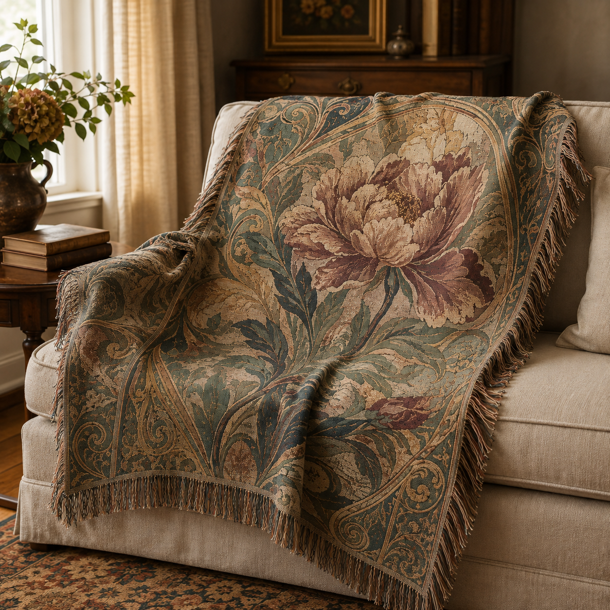 Vintage peony floral woven blanket styled on a cream sofa in a warm traditional living room