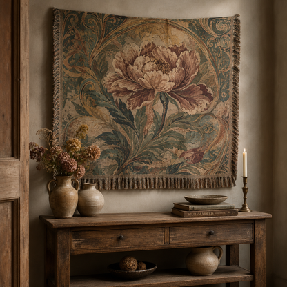 Vintage peony floral woven blanket displayed as wall tapestry above a rustic console table
