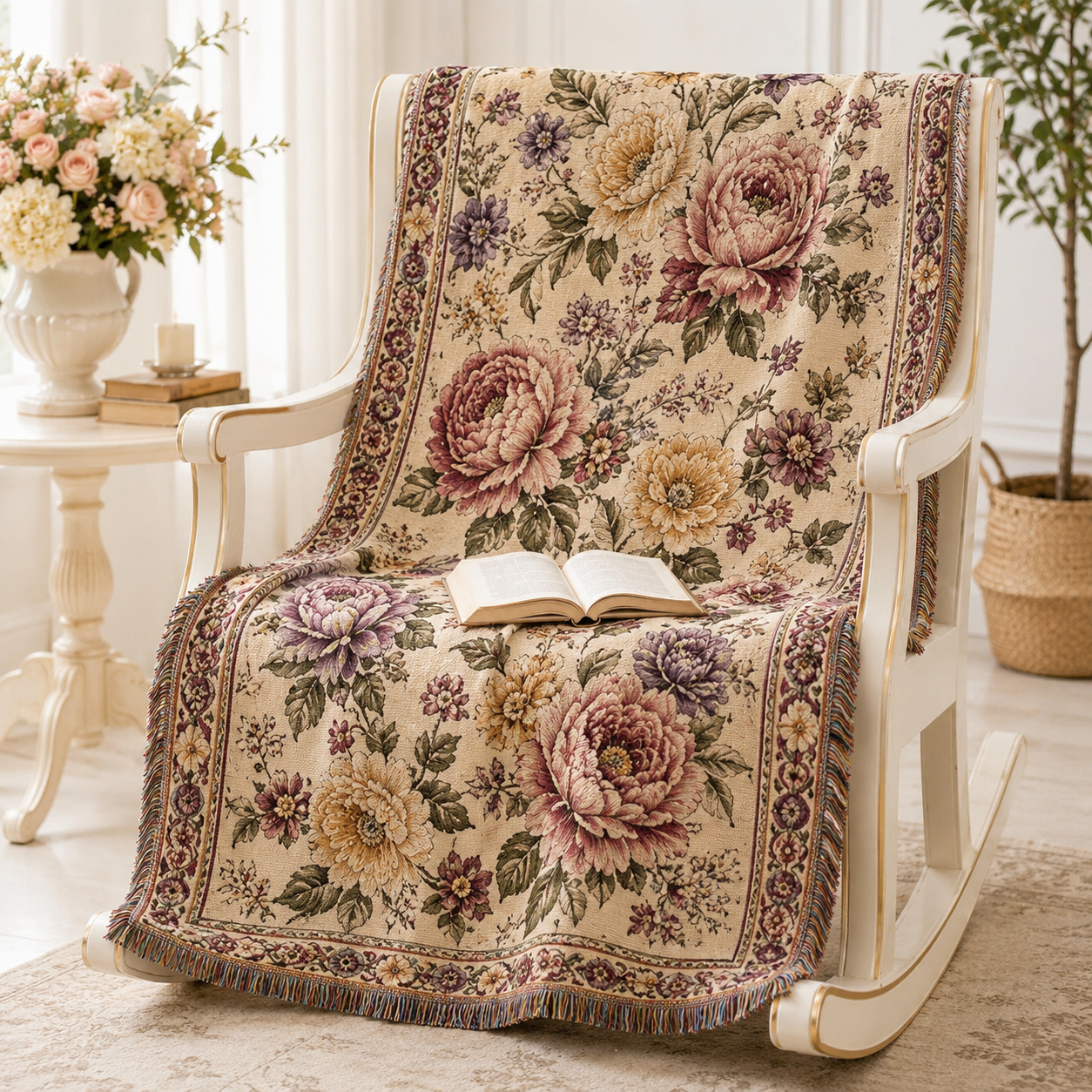 Vintage peony garden woven blanket displayed on a cream rocking chair