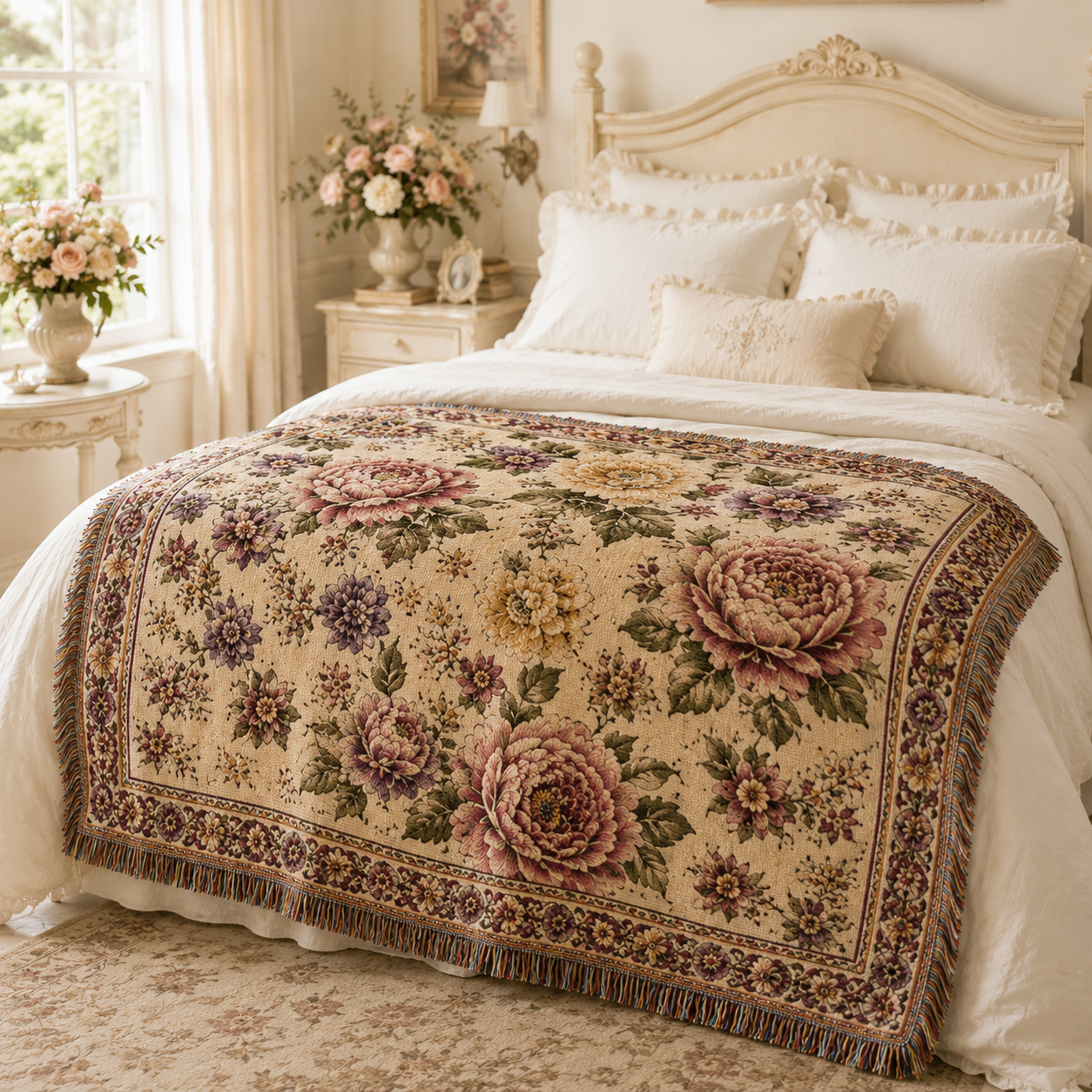 Vintage peony garden woven blanket styled across an elegant cream bedroom