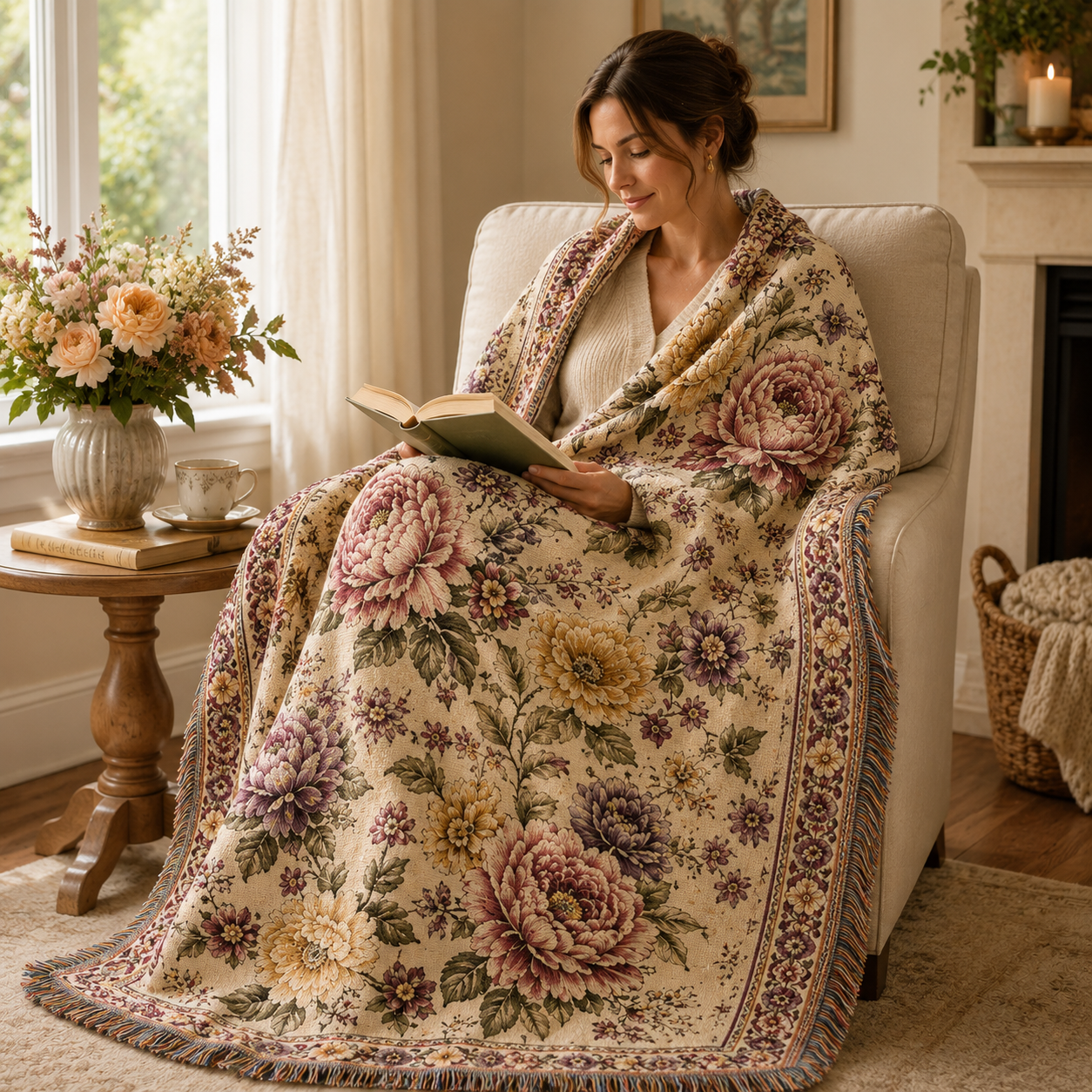 Woman reading while wrapped in a vintage peony floral woven blanket