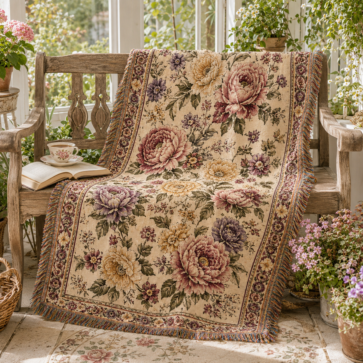 Vintage peony floral woven blanket displayed on a wooden bench in a sunroom