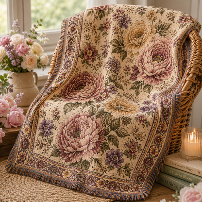 Close view of vintage peony woven blanket with fringe on a wicker chair