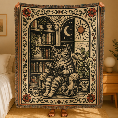Vintage reading cat woven throw blanket with bookshelf, celestial window and floral border