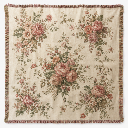 Vintage rose garden woven blanket with cream background and fringed edges