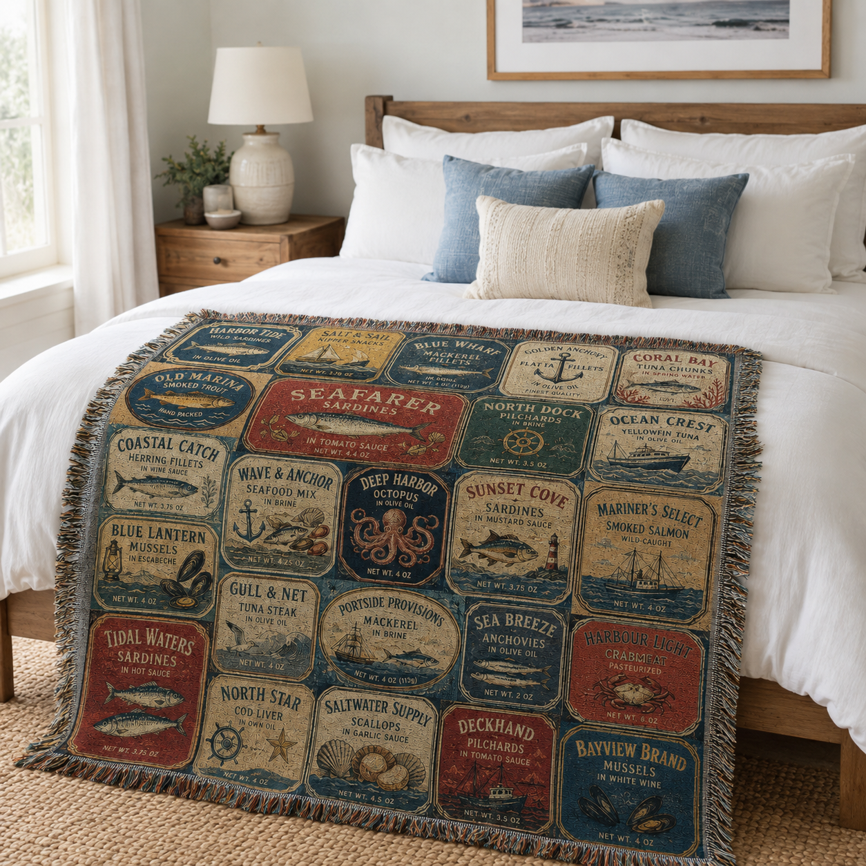 Vintage seafood label woven blanket styled across the foot of a coastal bedroom bed