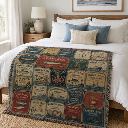 Vintage seafood label woven blanket styled across the foot of a coastal bedroom bed