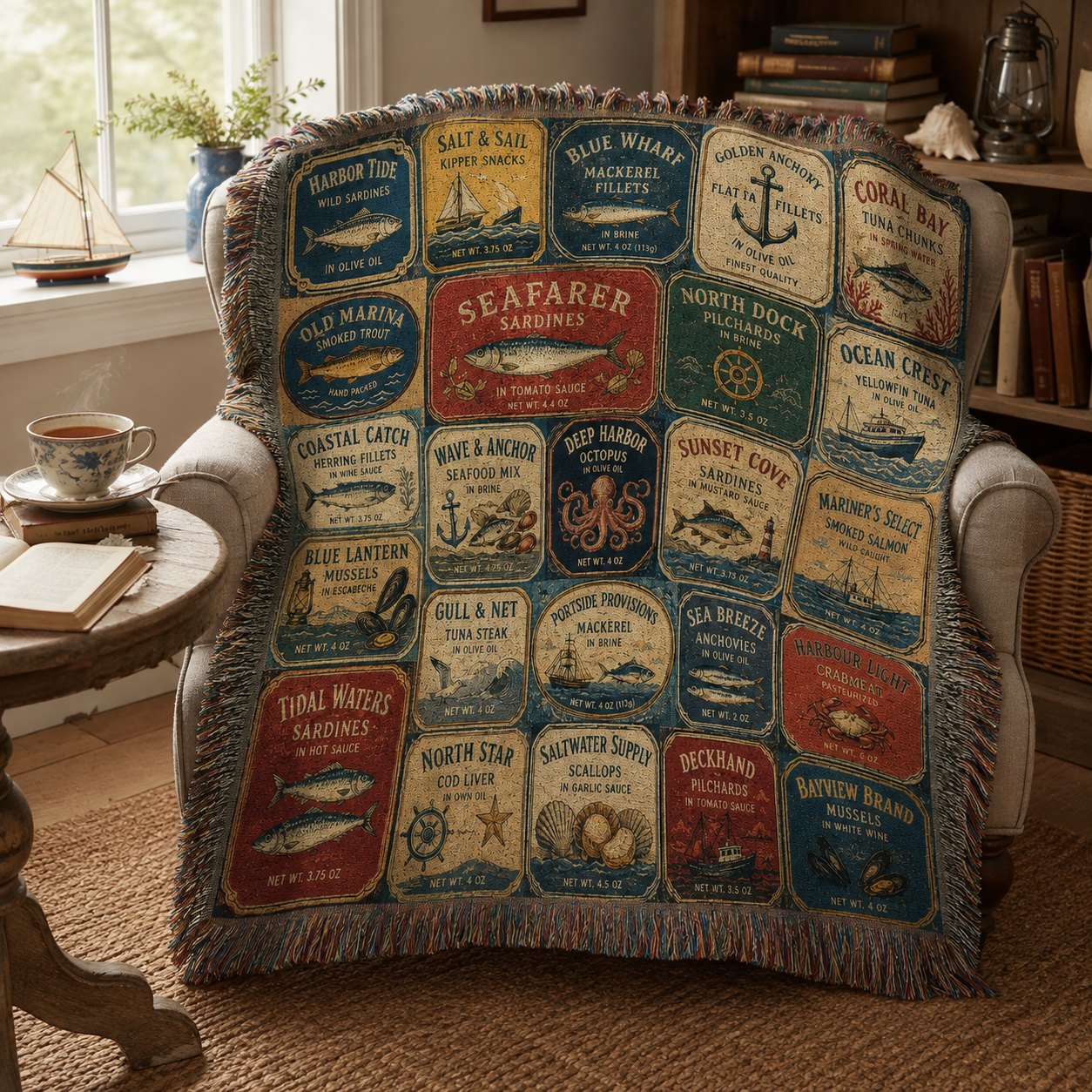 Vintage seafood label woven blanket draped over an armchair in a cozy coastal reading nook