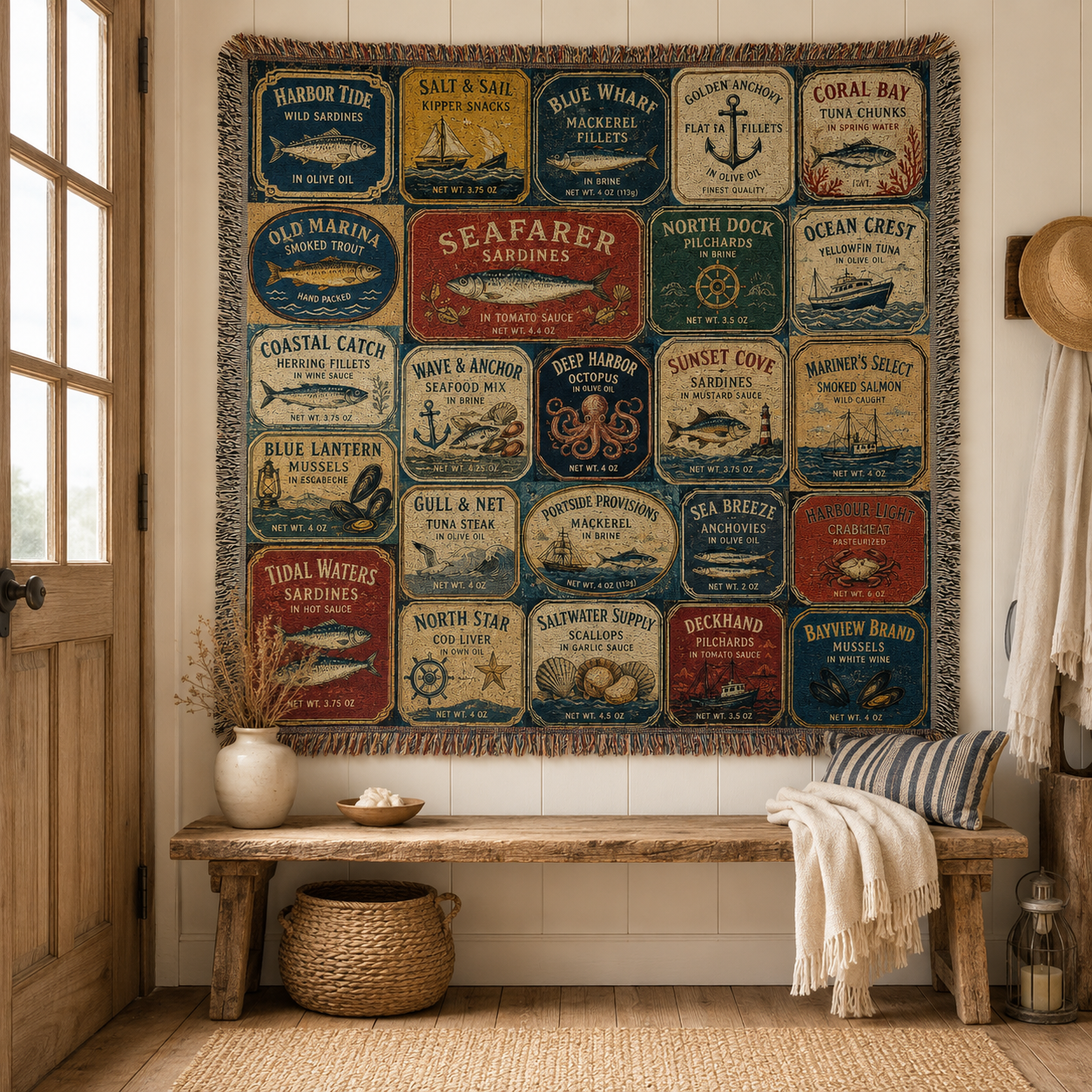 Vintage seafood label woven tapestry hanging above a rustic bench in a coastal entryway