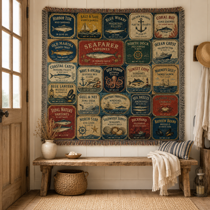 Vintage seafood label woven tapestry hanging above a rustic bench in a coastal entryway