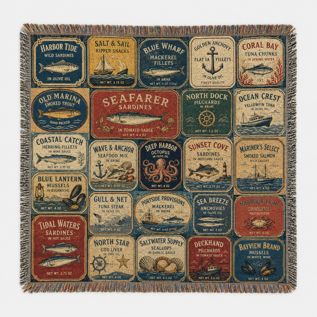Vintage seafood label woven blanket with fish, anchors, boats and multicolor fringe