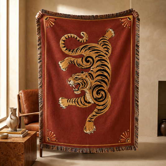 Vintage tiger woven blanket full design view