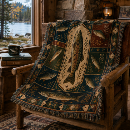 Vintage trout fishing woven blanket styled on a wooden chair in a cozy lakeside reading nook