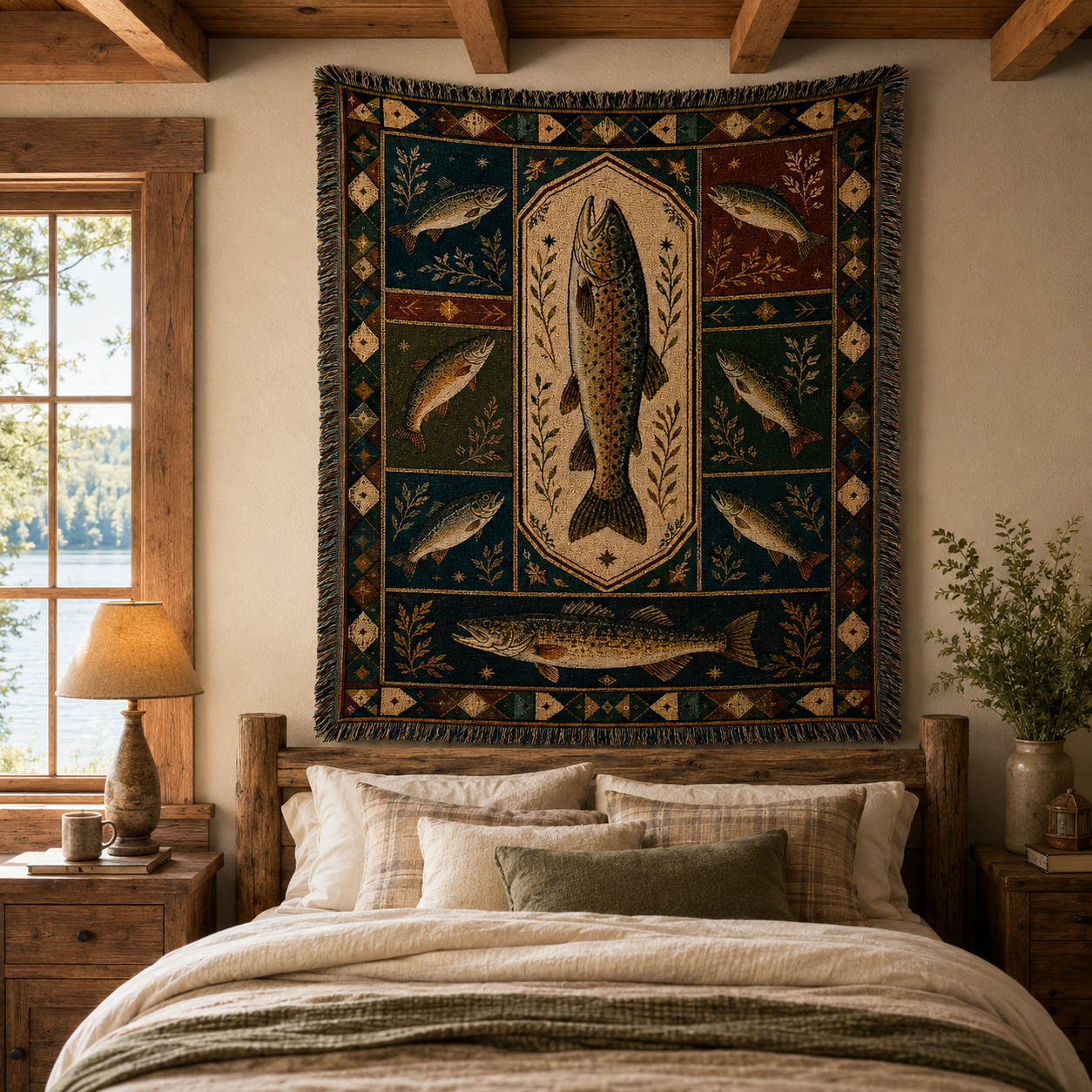 Vintage trout fishing woven tapestry displayed above a rustic lake house bedroom bed