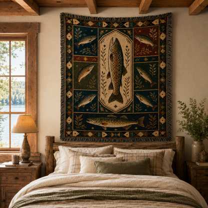 Vintage trout fishing woven tapestry displayed above a rustic lake house bedroom bed