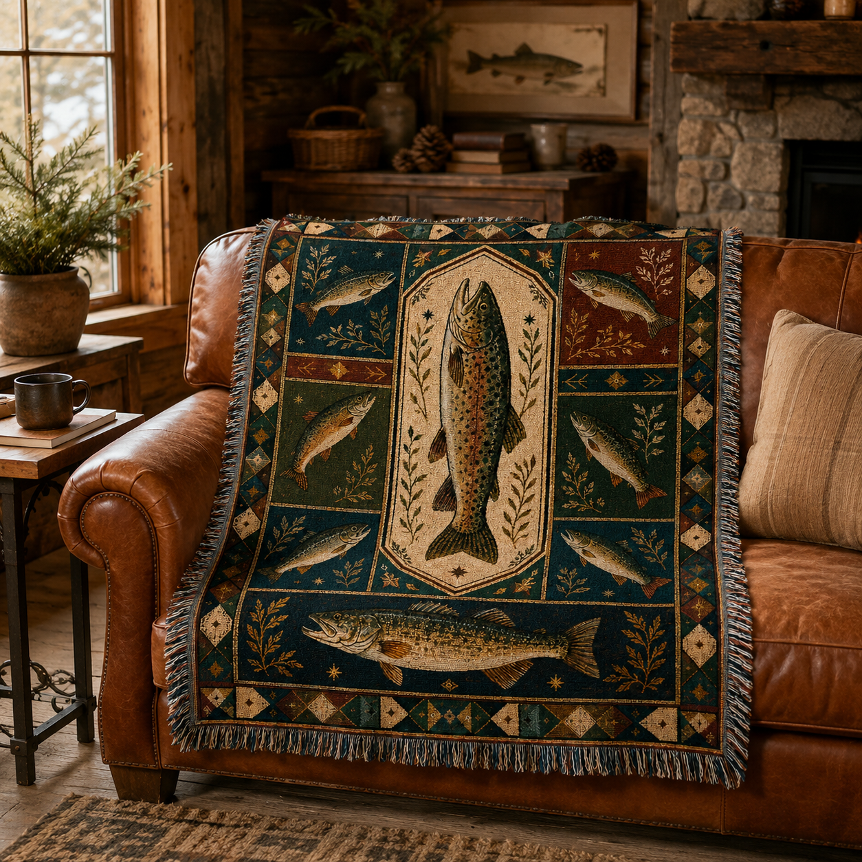 Vintage trout fishing woven blanket draped over a leather sofa in a rustic cabin living room