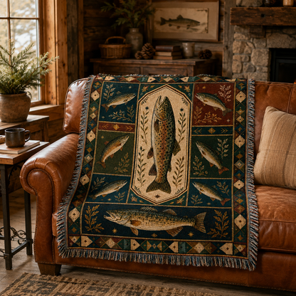 Vintage trout fishing woven blanket draped over a leather sofa in a rustic cabin living room