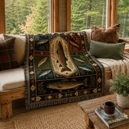Vintage trout fishing woven blanket styled on a wooden daybed in a rustic sunroom