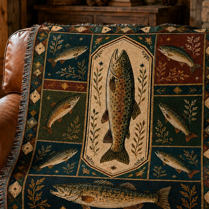 Close-up detail of vintage trout fish artwork, woven texture and decorative fringe
