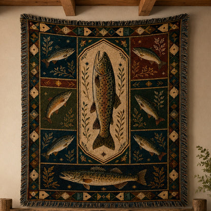 Vintage trout fishing woven blanket with rustic lodge fish tapestry design and fringe