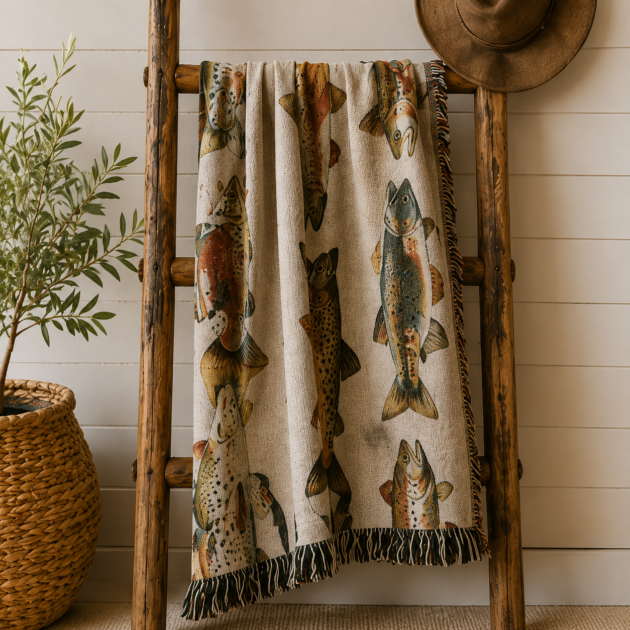 Vintage trout woven blanket displayed on a wooden ladder