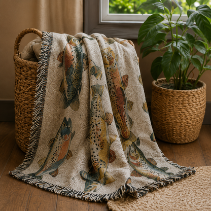 Vintage trout woven blanket draped from a woven basket