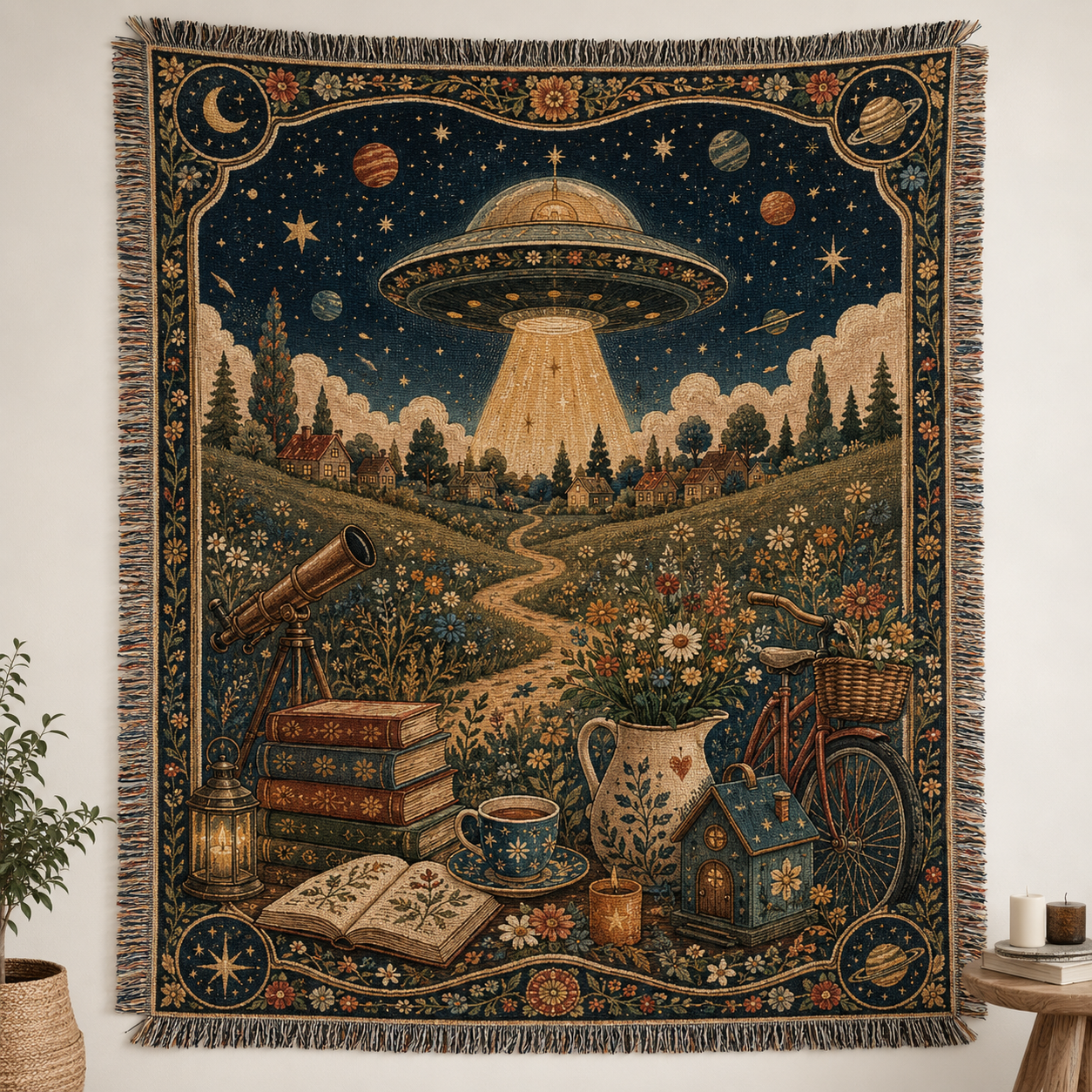 Vintage UFO countryside woven blanket with floral night sky and cottage landscape