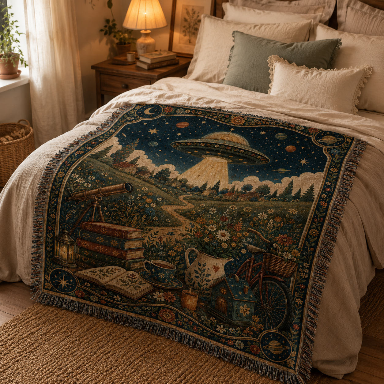 Vintage alien spaceship tapestry blanket displayed across a warm cottage bed