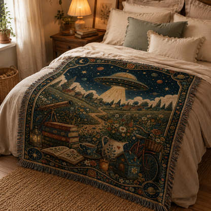 Vintage alien spaceship tapestry blanket displayed across a warm cottage bed