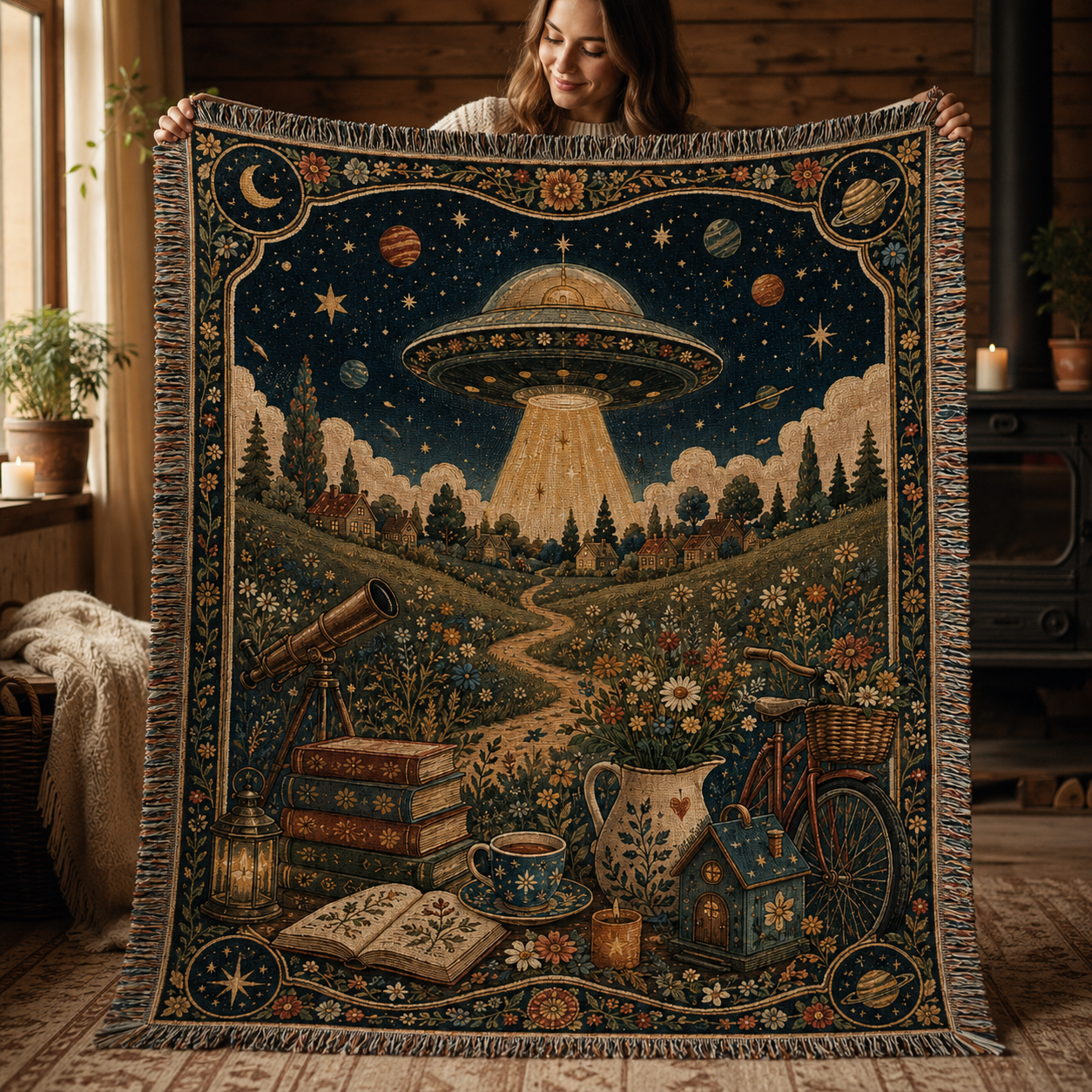 Woman presenting a vintage UFO countryside woven blanket with floral celestial border