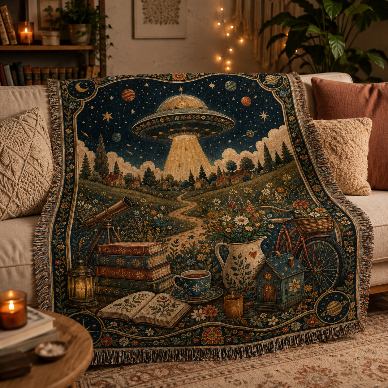 UFO countryside woven blanket styled on a cozy living room sofa