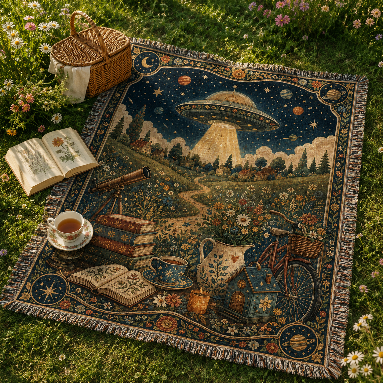 Celestial UFO woven blanket used as a picnic throw in a wildflower meadow