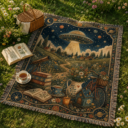 Celestial UFO woven blanket used as a picnic throw in a wildflower meadow