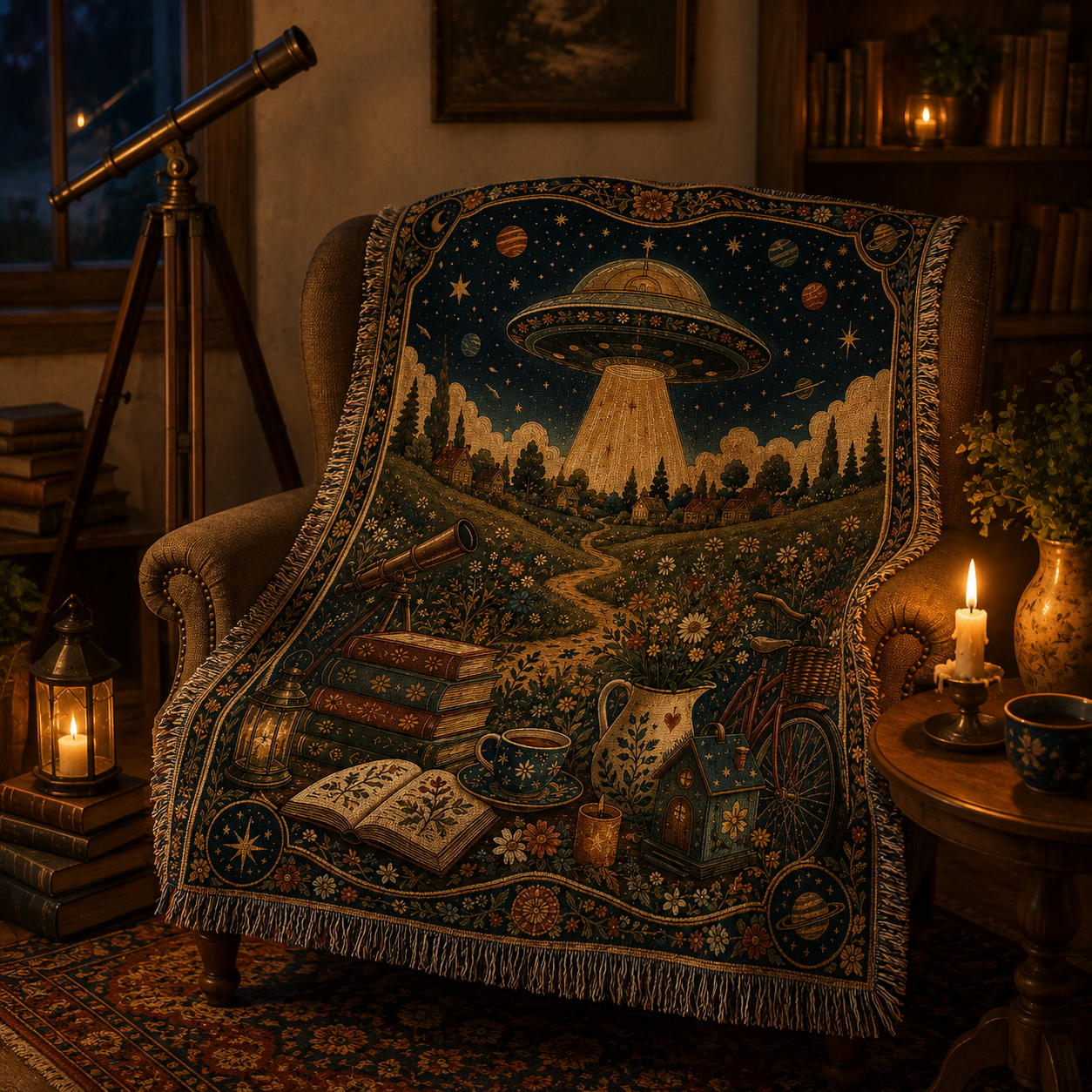 UFO meadow woven tapestry blanket in a candlelit reading nook with telescope