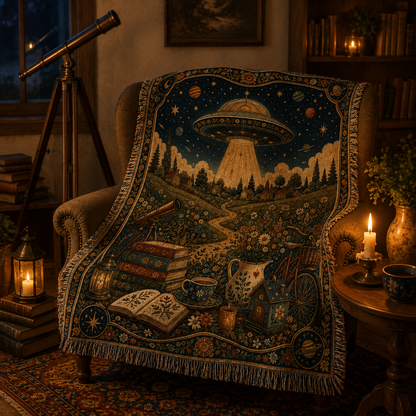 UFO meadow woven tapestry blanket in a candlelit reading nook with telescope