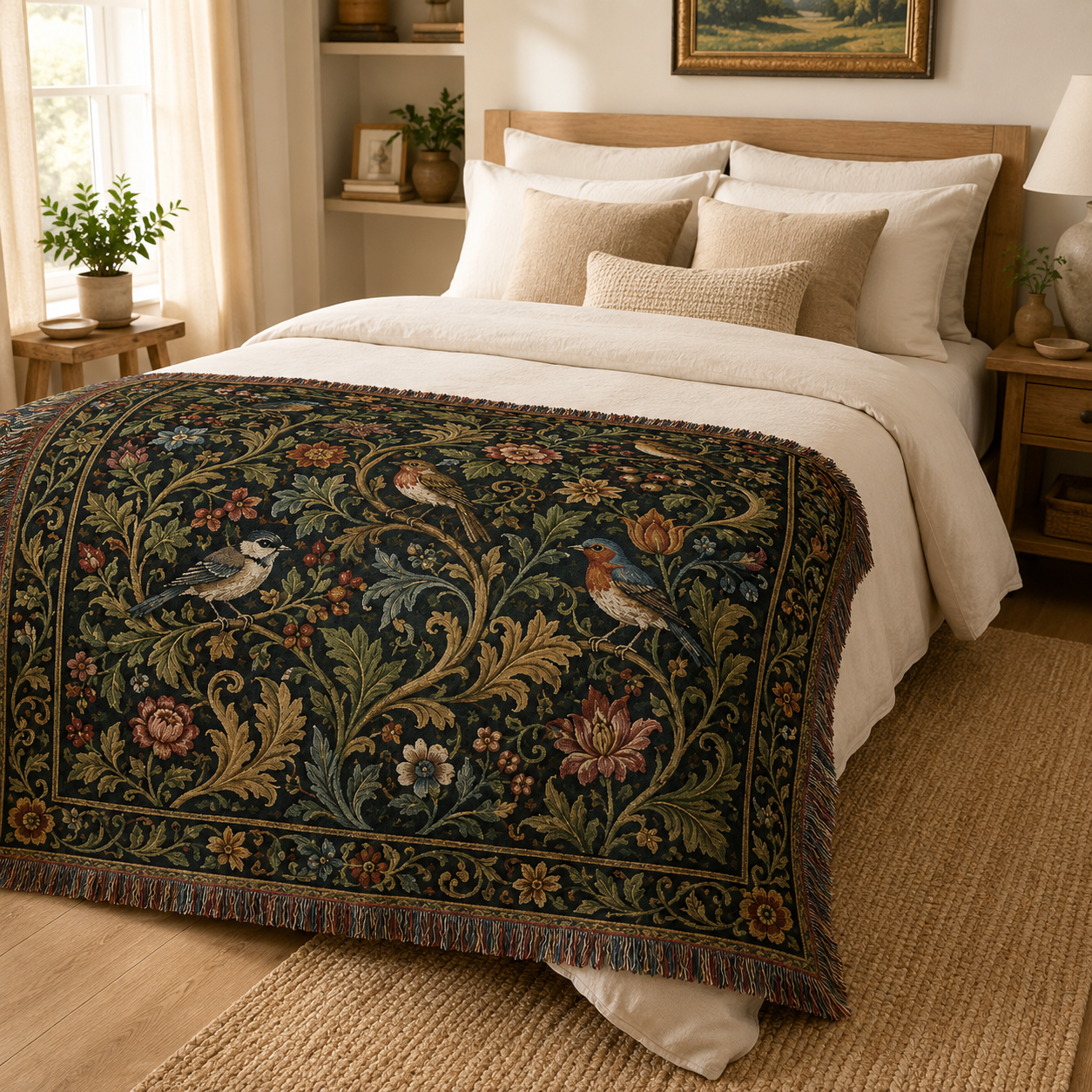 Vintage bird and floral woven blanket displayed across a neutral bed