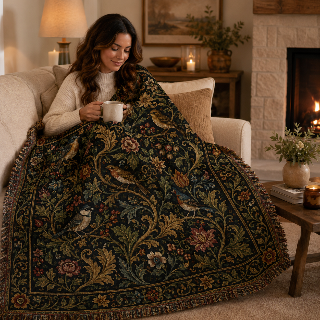 Woman relaxing with a vintage woodland birds woven blanket by the fireplace