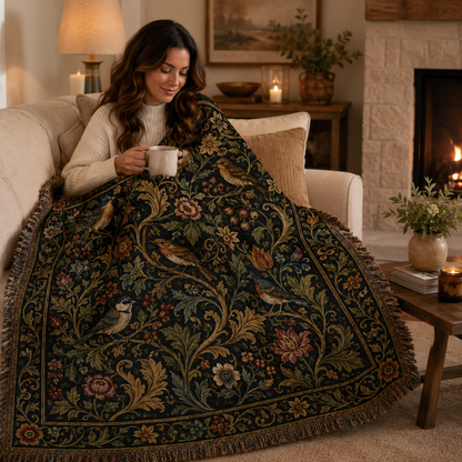 Woman relaxing with a vintage woodland birds woven blanket by the fireplace