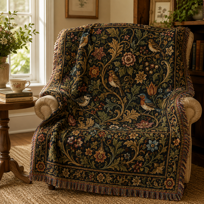 Botanical songbird woven blanket draped over an armchair in a reading nook