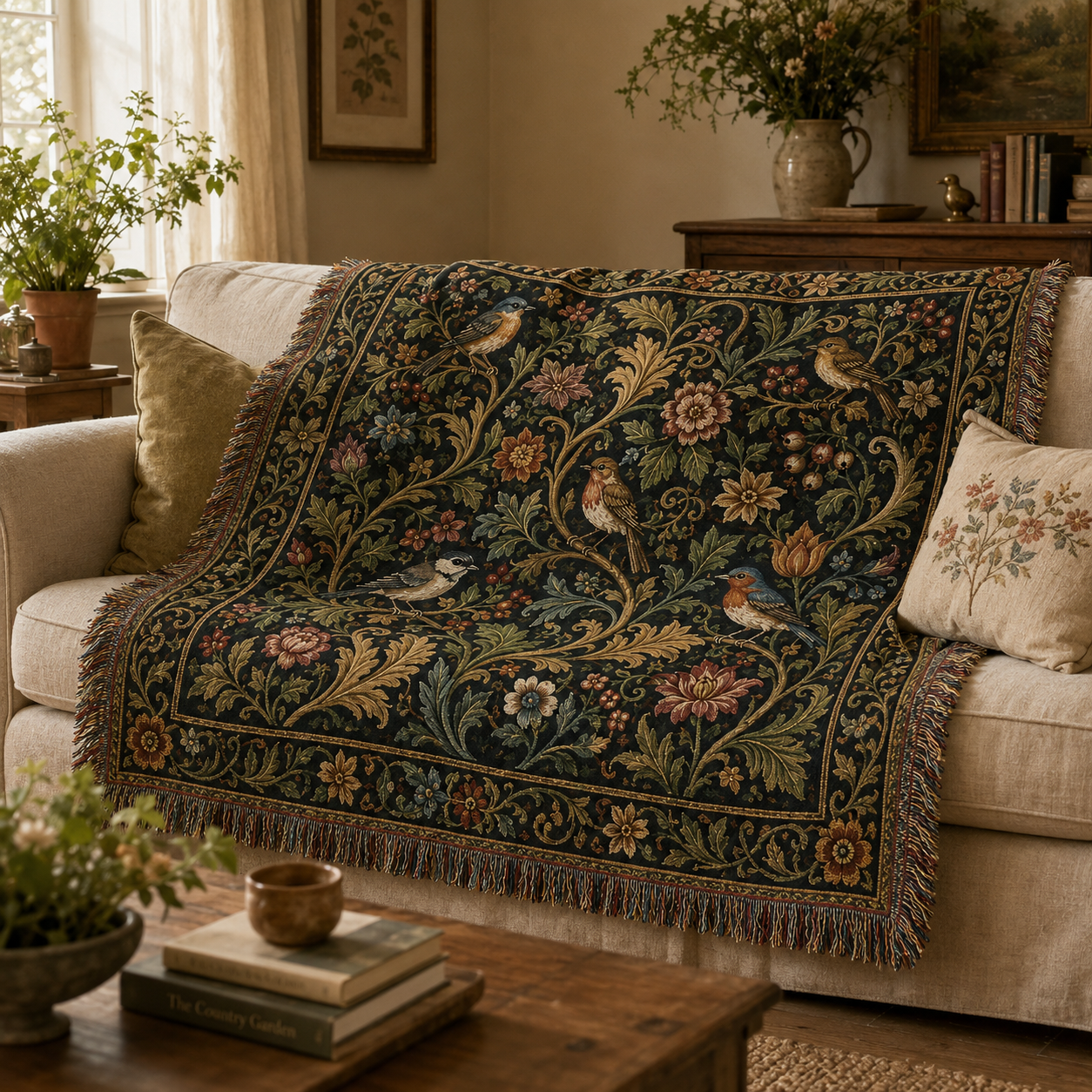 Woodland birds botanical woven blanket styled on a linen sofa